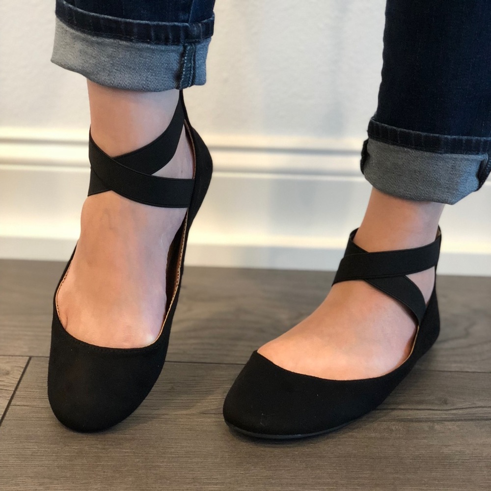 Black Vegan Suede Ballet Wrap Ankle Slip on Flats - Picture 2 of 8